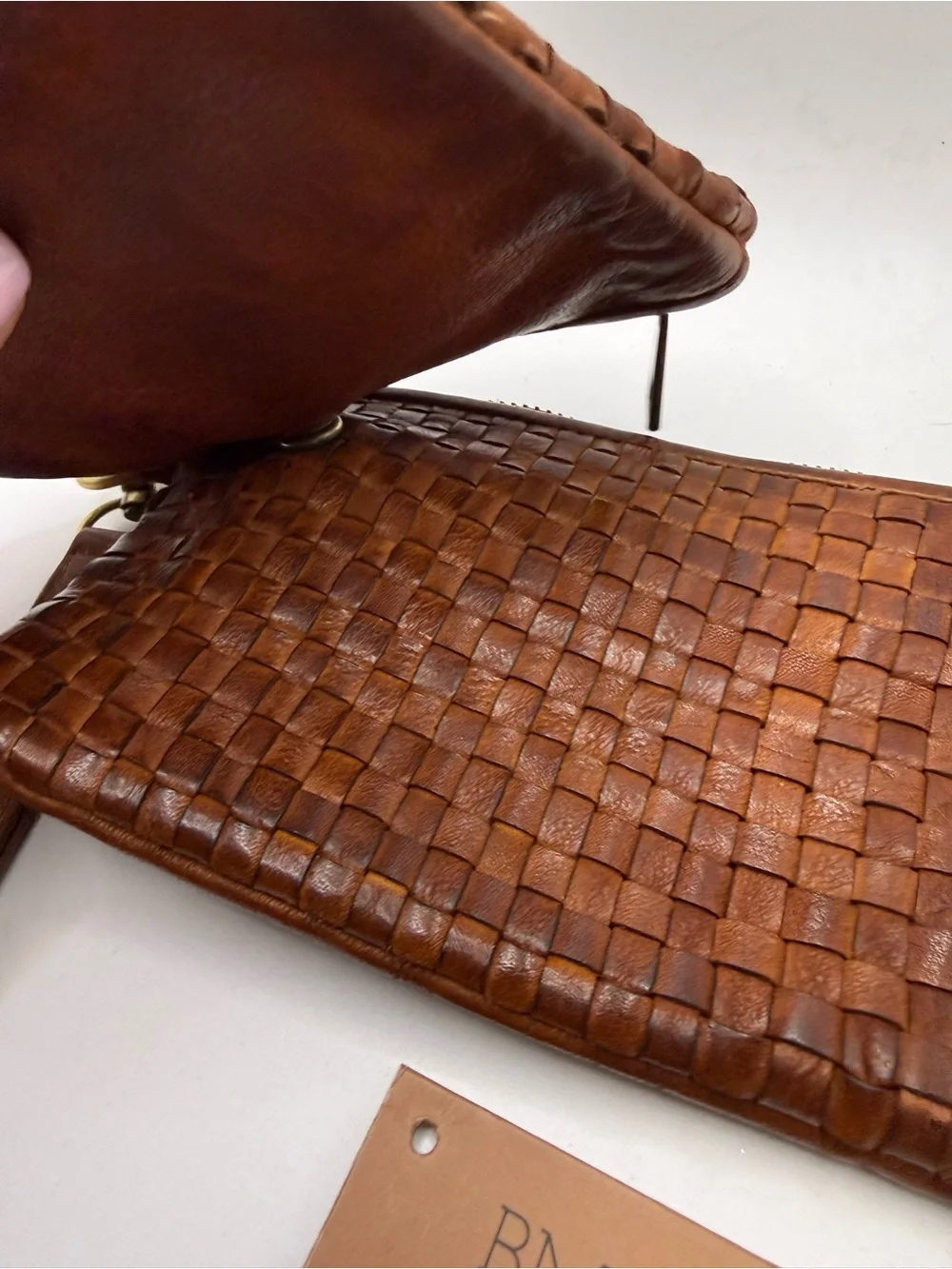 Belleza Mandoza Brown Woven Leather Wristlet with Coin Pouch NWT